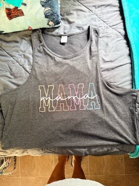 Gray 'MAMA' Graphic Tank Top with Pastel Rainbow Outline